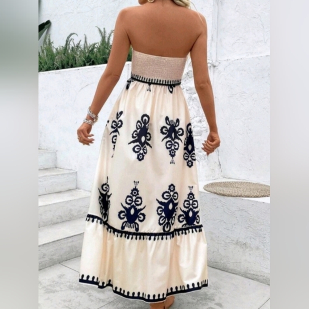 Elegant Strapless Cottage Core Maxi Dress With Black Floral Design Size 6 Medium - Picture 5 of 8